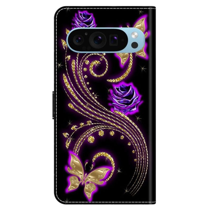 Læder Cover Google Pixel 9 Pro Violette Blomster Og Sommerfugle