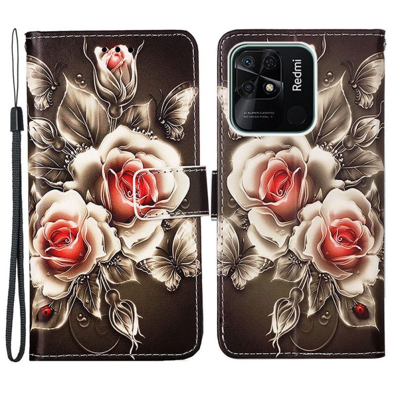 Flip Cover Xiaomi Redmi 10C Med Snor Blomsterdeklination Med Rem