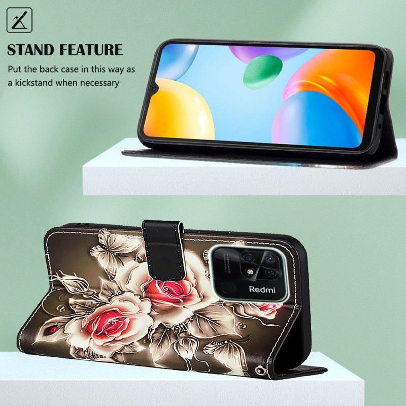 Flip Cover Xiaomi Redmi 10C Med Snor Blomsterdeklination Med Rem