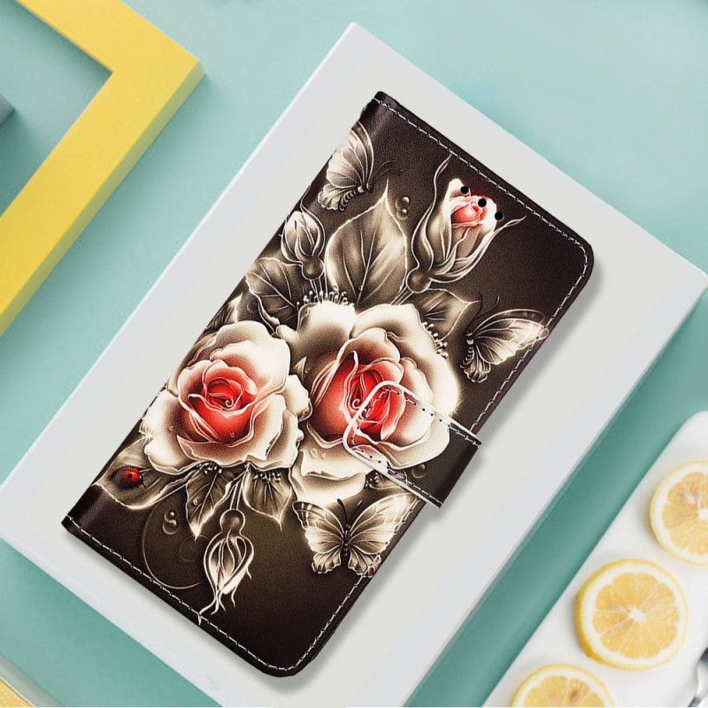 Flip Cover Xiaomi Redmi 10C Med Snor Blomsterdeklination Med Rem