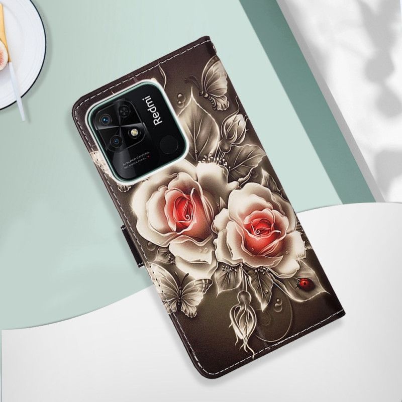 Flip Cover Xiaomi Redmi 10C Med Snor Blomsterdeklination Med Rem