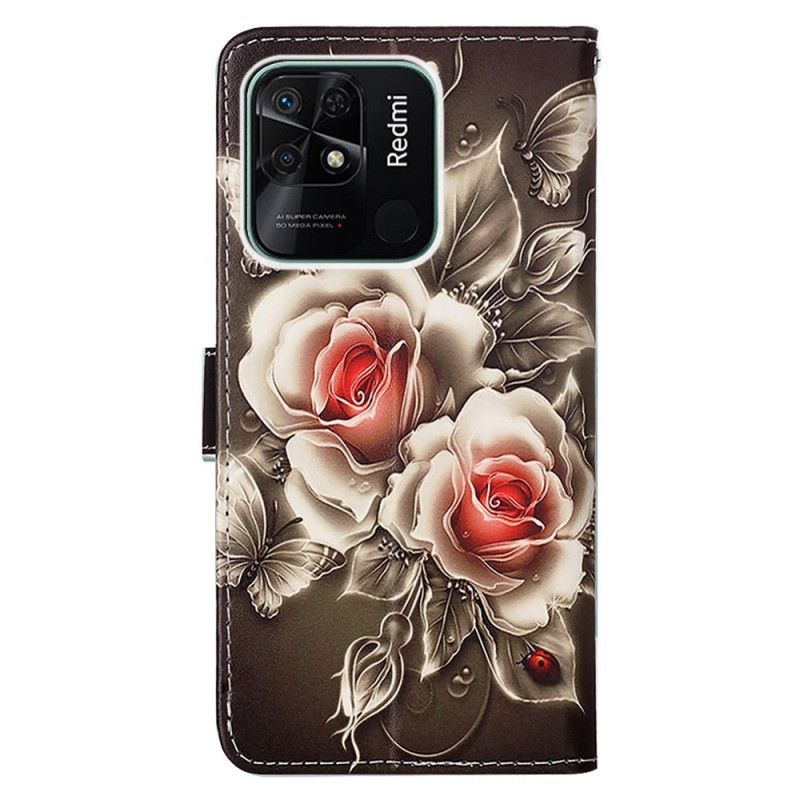 Flip Cover Xiaomi Redmi 10C Med Snor Blomsterdeklination Med Rem