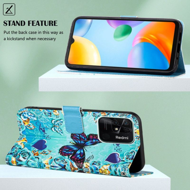 Flip Cover Xiaomi Redmi 10C Med Snor Flyvende Stropsommerfugle