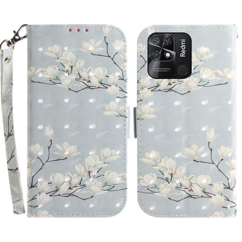 Flip Cover Xiaomi Redmi 10C Med Snor Hvide Stropblomster