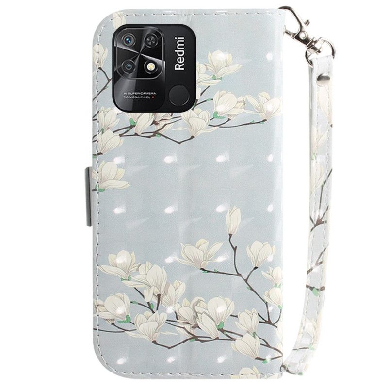 Flip Cover Xiaomi Redmi 10C Med Snor Hvide Stropblomster