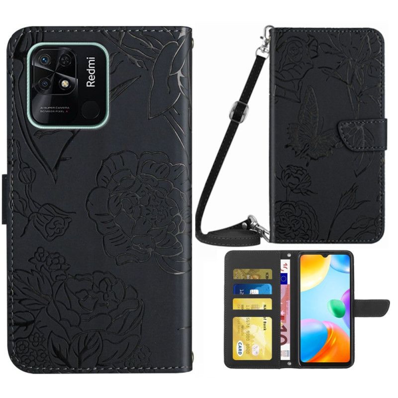 Flip Cover Xiaomi Redmi 10C Sommerfugle Og Skulderrem