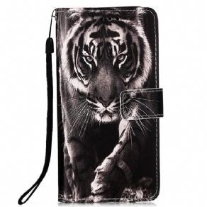 Læder Cover Xiaomi Redmi 10C Med Snor Fabelagtig Strappy Tiger