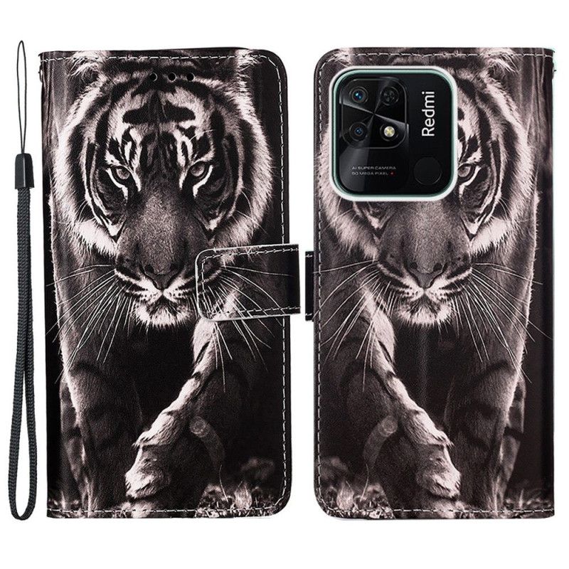 Læder Cover Xiaomi Redmi 10C Med Snor Fabelagtig Strappy Tiger