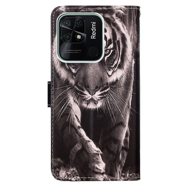 Læder Cover Xiaomi Redmi 10C Med Snor Fabelagtig Strappy Tiger