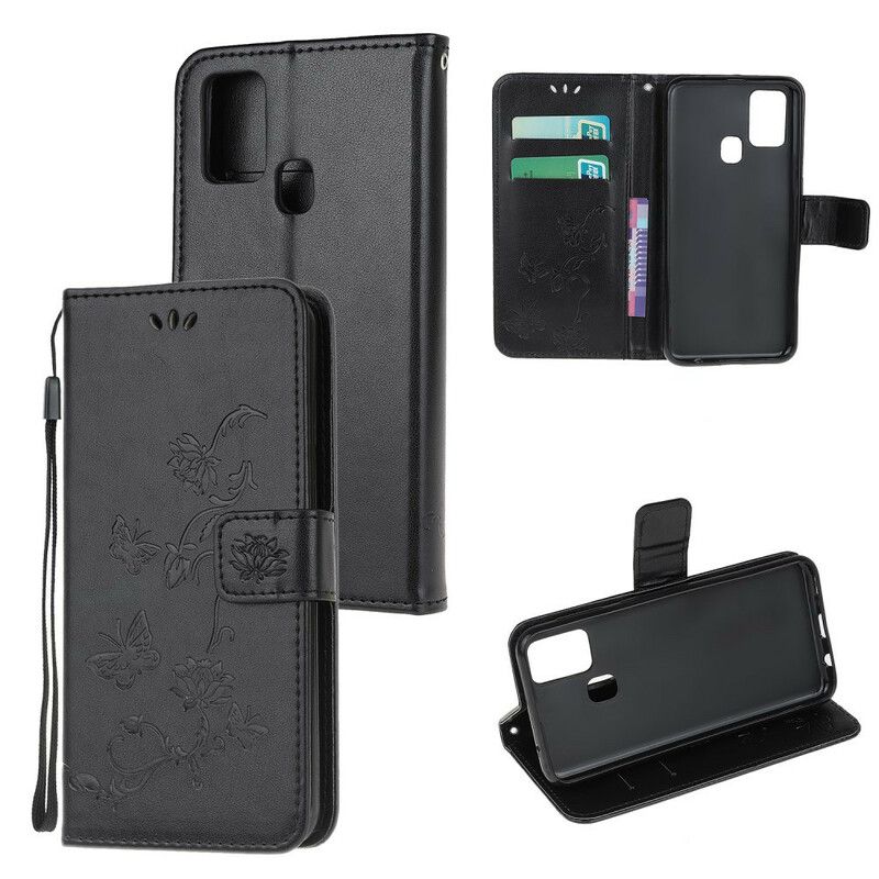 Flip Cover OnePlus Nord N10 Med Snor Thong Sommerfugle Og Blomster