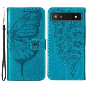 Flip Cover Google Pixel 6A Med Snor Strap Art Butterfly