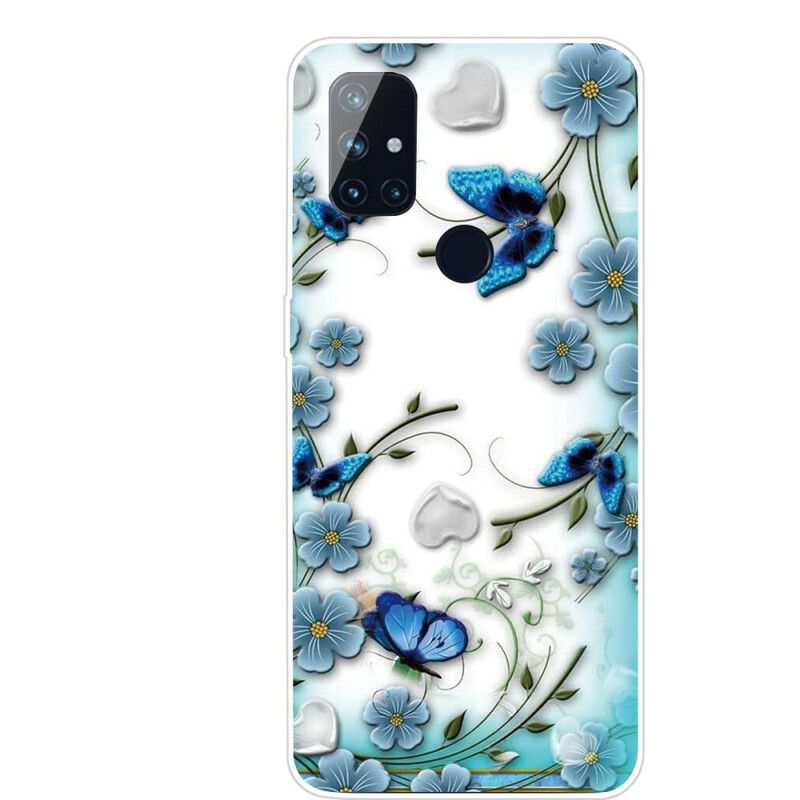 Cover OnePlus Nord N100 Transparente Retro Sommerfugle Og Blomster