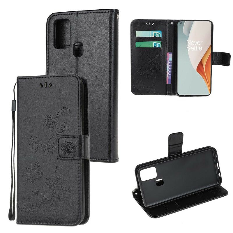 Flip Cover OnePlus Nord N100 Med Snor Thong Sommerfugle Og Blomster