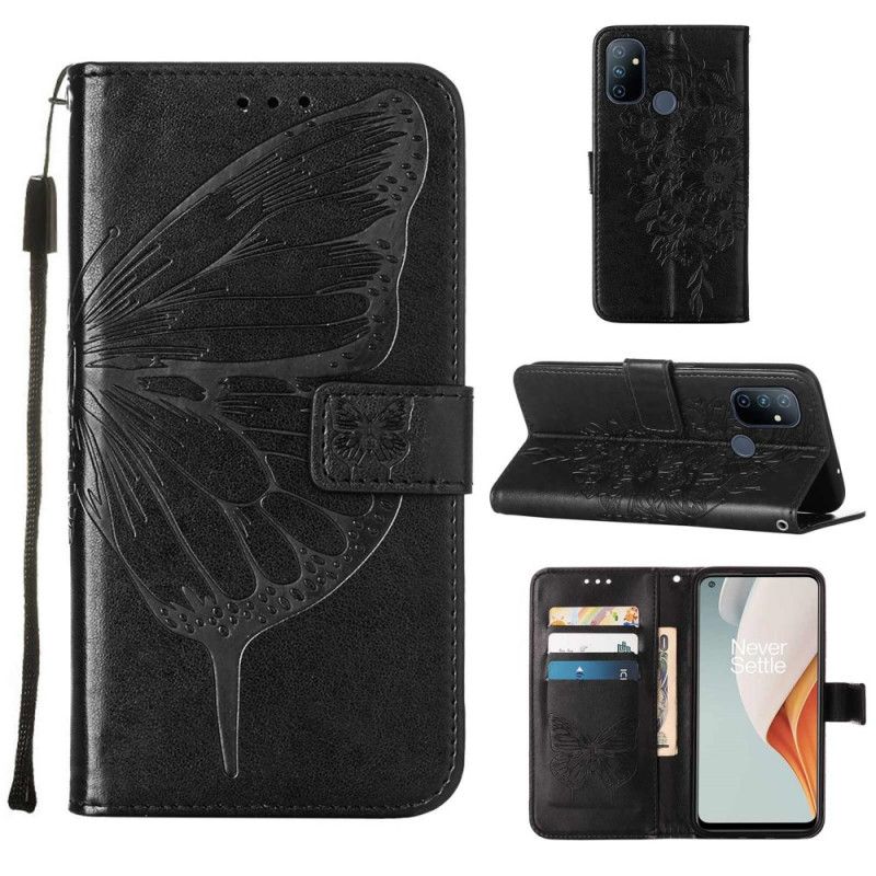 Læder Cover OnePlus Nord N100 Med Snor Strop Design Butterfly