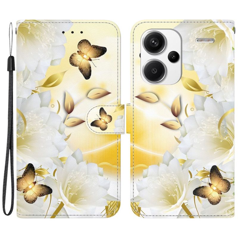 Flip Cover Xiaomi Redmi Note 13 Pro Plus 5g Gyldne Sommerfugle Og Hvide Blomster Med Rem