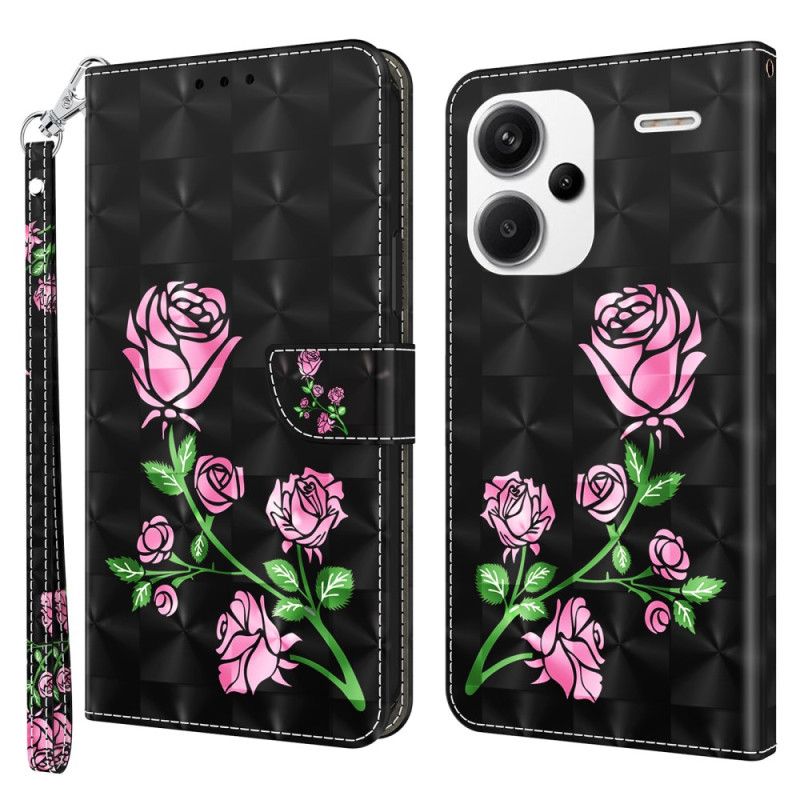 Læder Cover Xiaomi Redmi Note 13 Pro Plus 5g Telefon Etui Lyserøde Blomster Med Rem