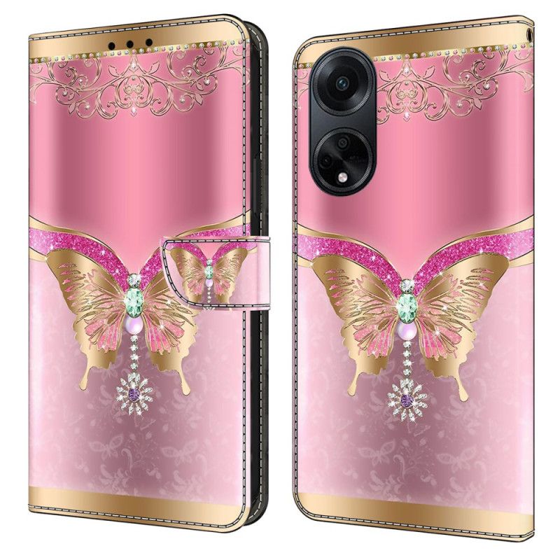 Flip Cover Oppo A98 5g Pink Og Guld Sommerfugl