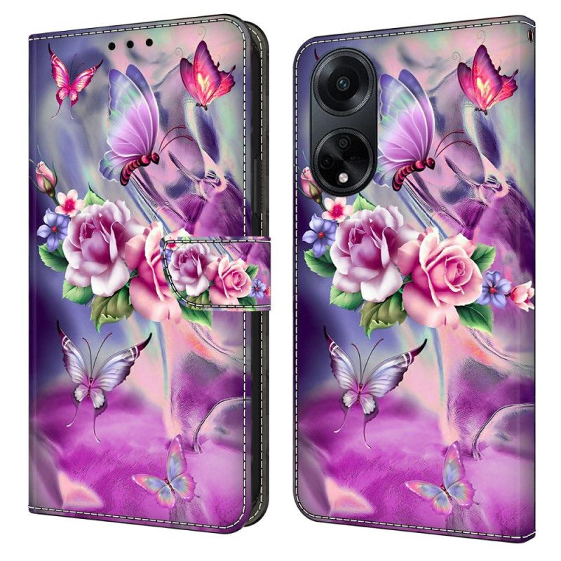 Flip Cover Oppo A98 5g Sommerfugle Og Violette Blomster