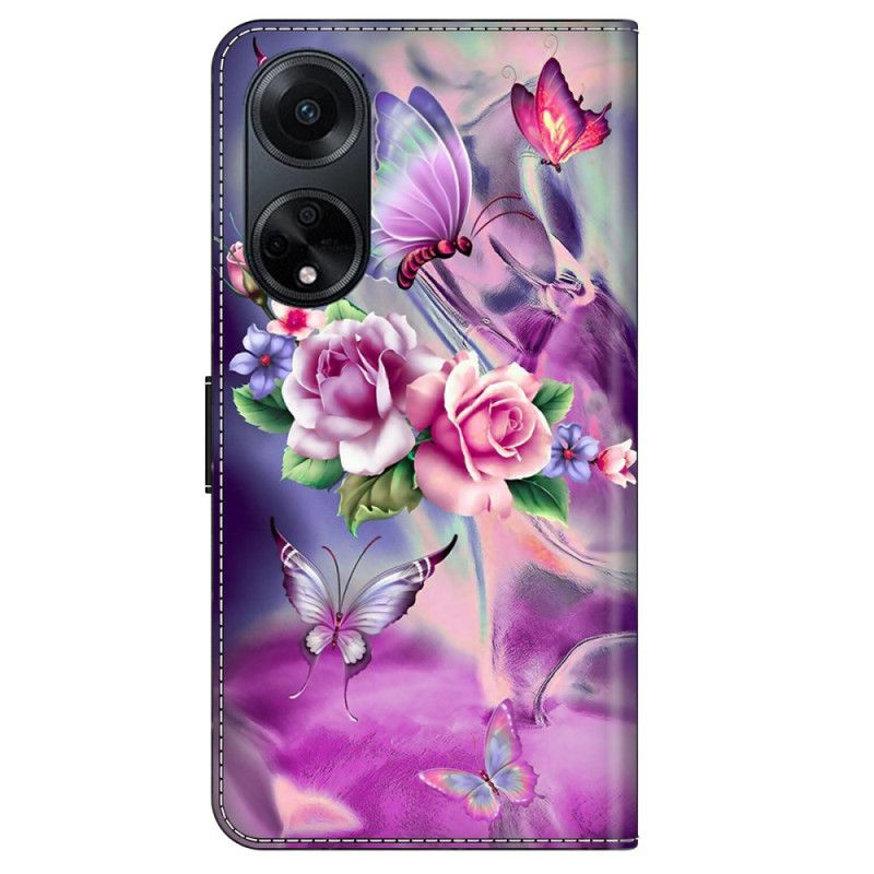 Flip Cover Oppo A98 5g Sommerfugle Og Violette Blomster