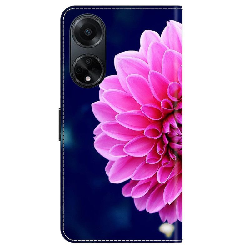 Læder Cover Oppo A98 5g Lyserøde Blomster På Blå Baggrund