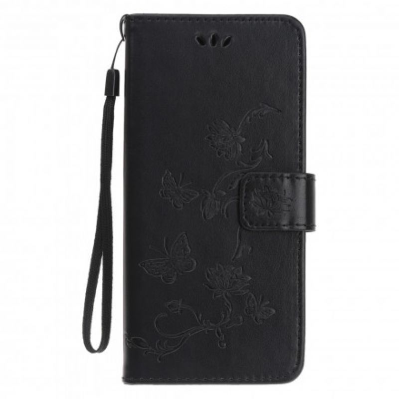 Flip Cover Motorola Edge 20 Lite Med Snor Thong Sommerfugle Og Blomster