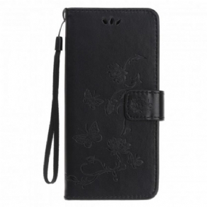 Flip Cover Motorola Edge 20 Lite Med Snor Thong Sommerfugle Og Blomster