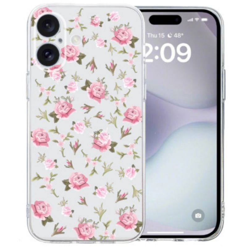 Cover iPhone 16 Transparent Edge Pink Flowers