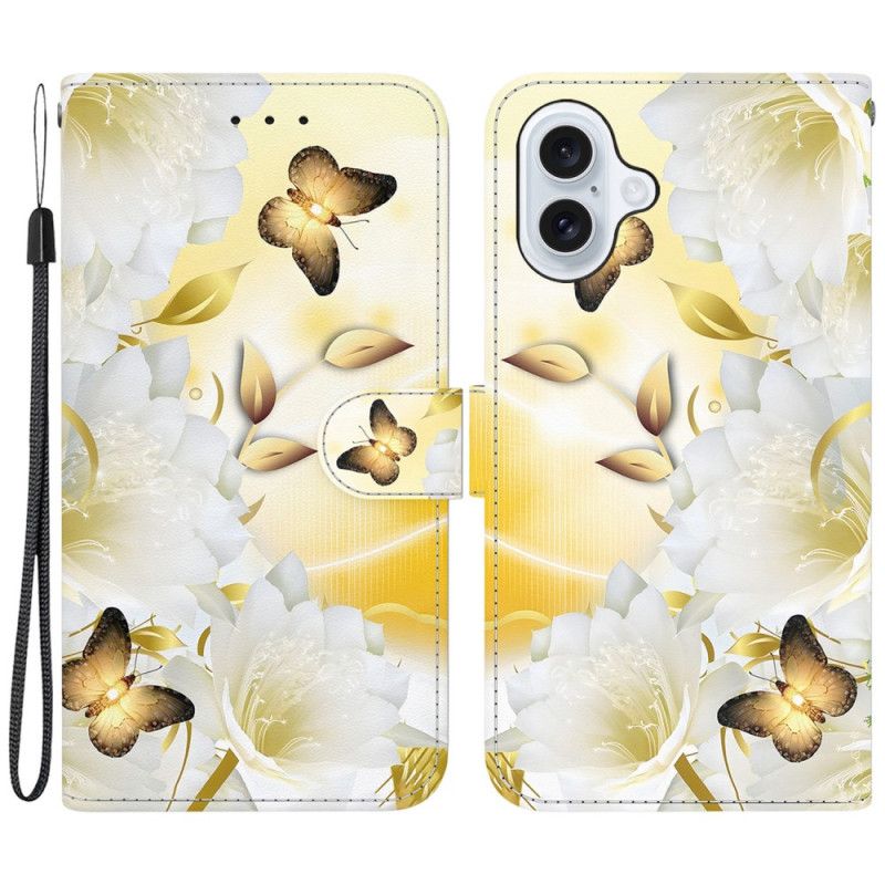 Flip Cover iPhone 16 Gyldne Sommerfugle Og Hvide Blomster Med Rem