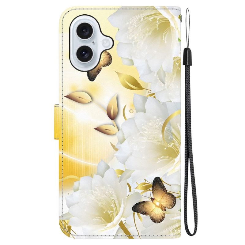 Flip Cover iPhone 16 Gyldne Sommerfugle Og Hvide Blomster Med Rem