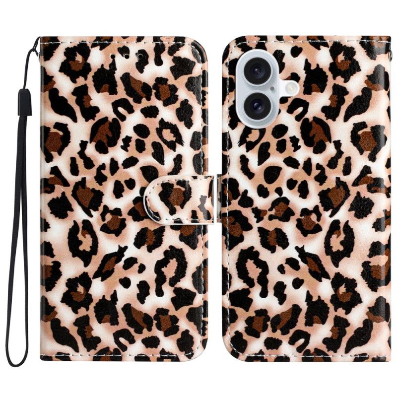 Flip Cover iPhone 16 Leopardmønster Med Rem