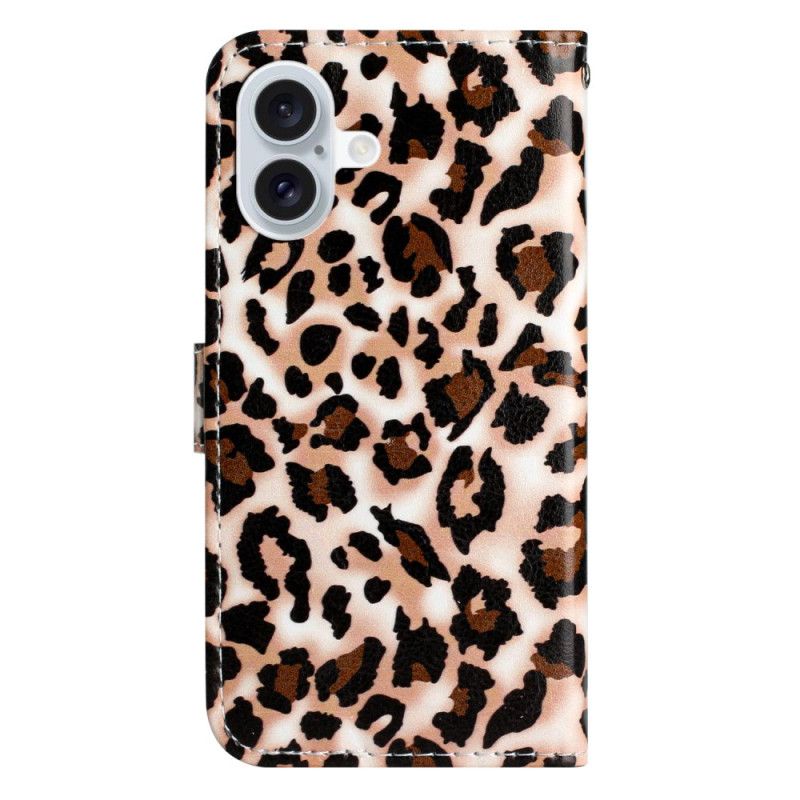 Flip Cover iPhone 16 Leopardmønster Med Rem