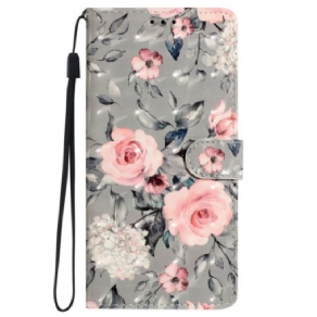 Læder Cover iPhone 16 Blomstertryk Med Rem