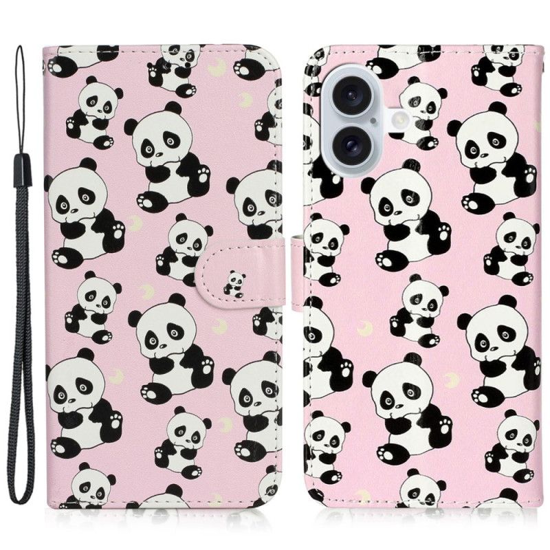 Læder Cover iPhone 16 Lanyard Pandaer