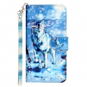 Læder Cover iPhone 16 Telefon Etui Lanyard Snow Wolf