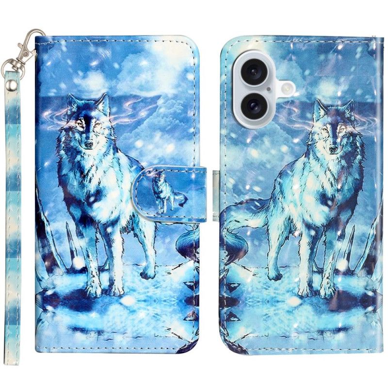 Læder Cover iPhone 16 Telefon Etui Lanyard Snow Wolf