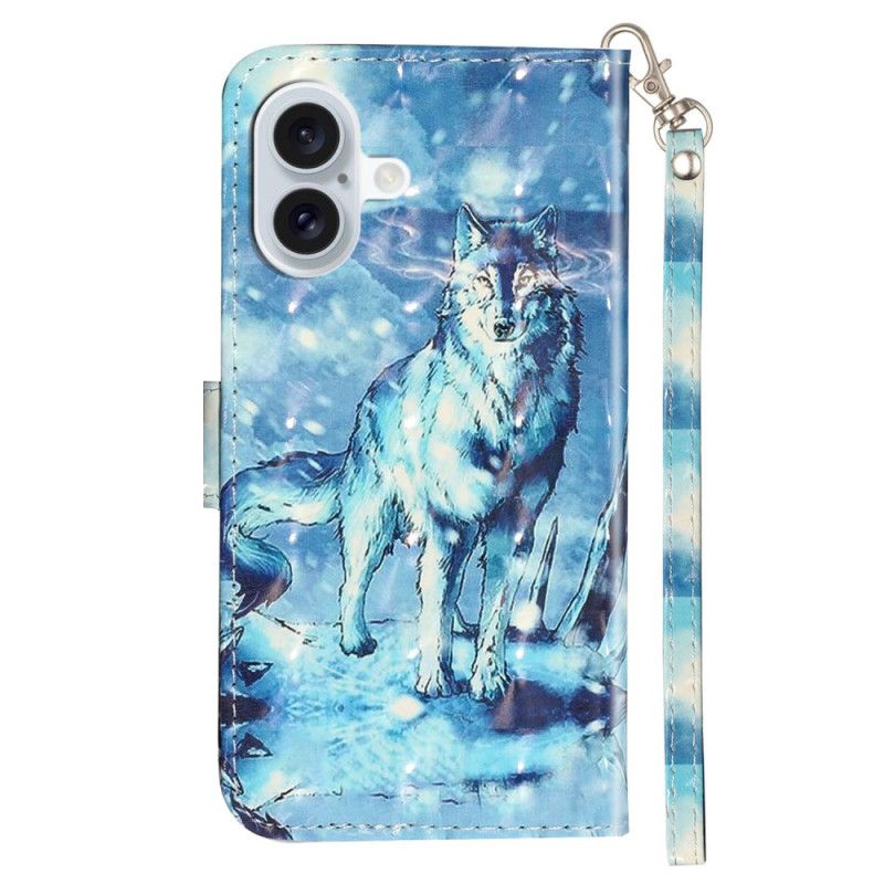 Læder Cover iPhone 16 Telefon Etui Lanyard Snow Wolf