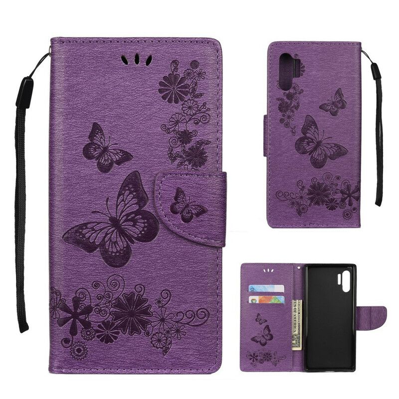 Flip Cover Samsung Galaxy Note 10 Plus Med Snor Sommerfugle Og Blomsterbånd