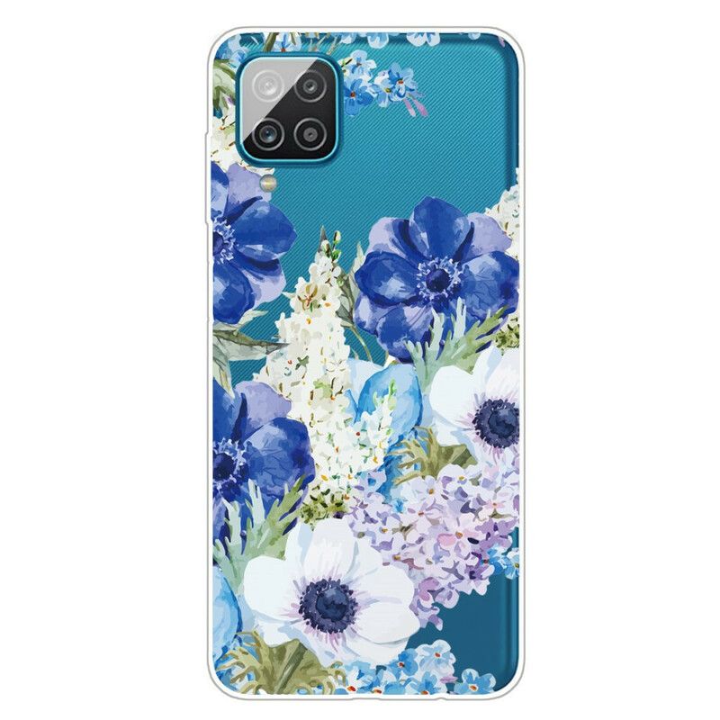 Cover Samsung Galaxy A12 / M12 Akvarel Blå Blomster Sømløs