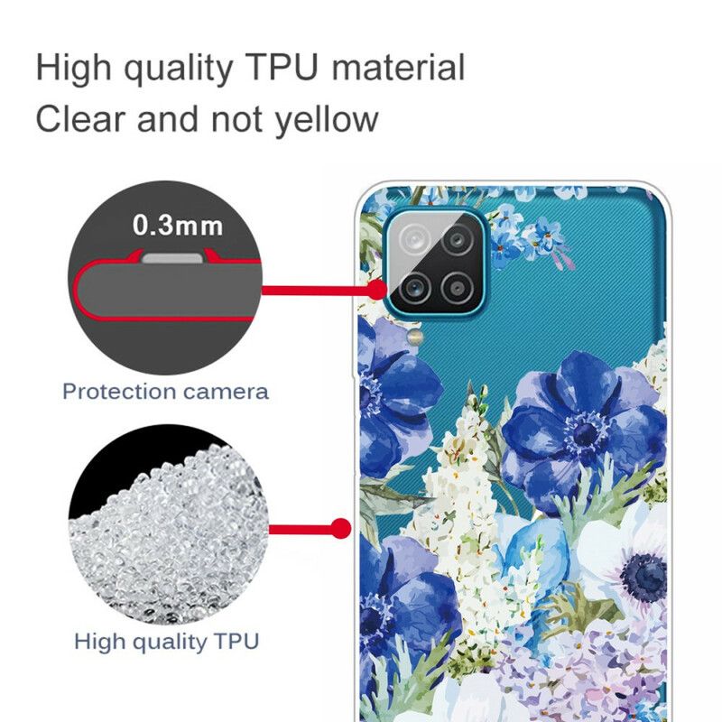 Cover Samsung Galaxy A12 / M12 Akvarel Blå Blomster Sømløs