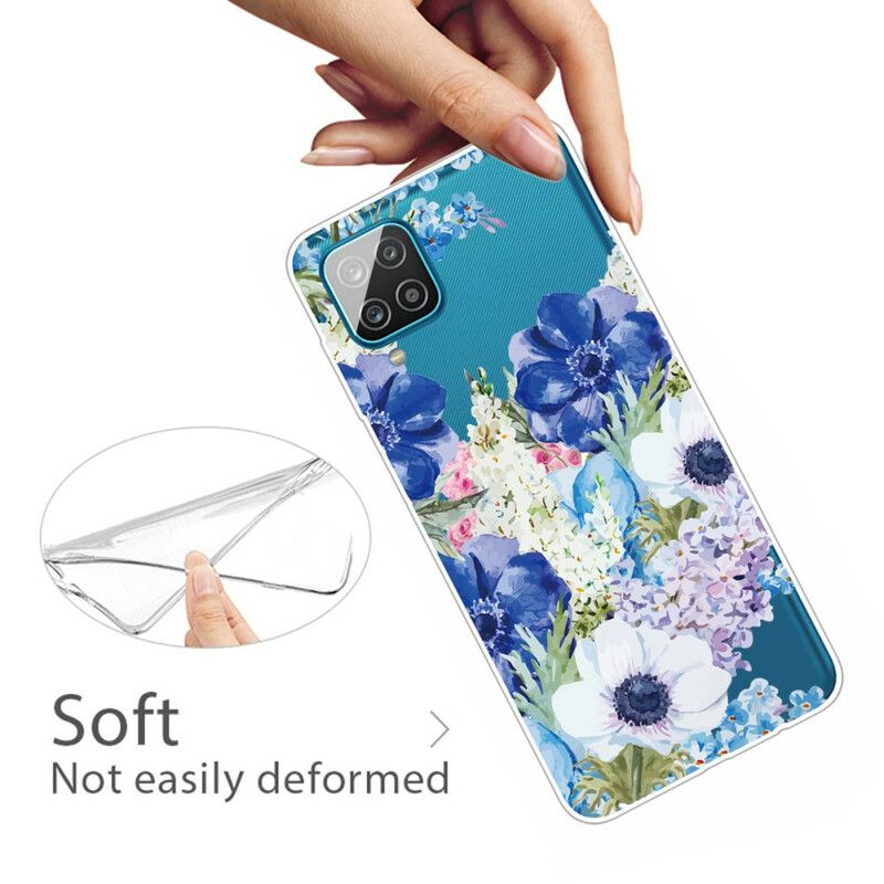 Cover Samsung Galaxy A12 / M12 Akvarel Blå Blomster Sømløs