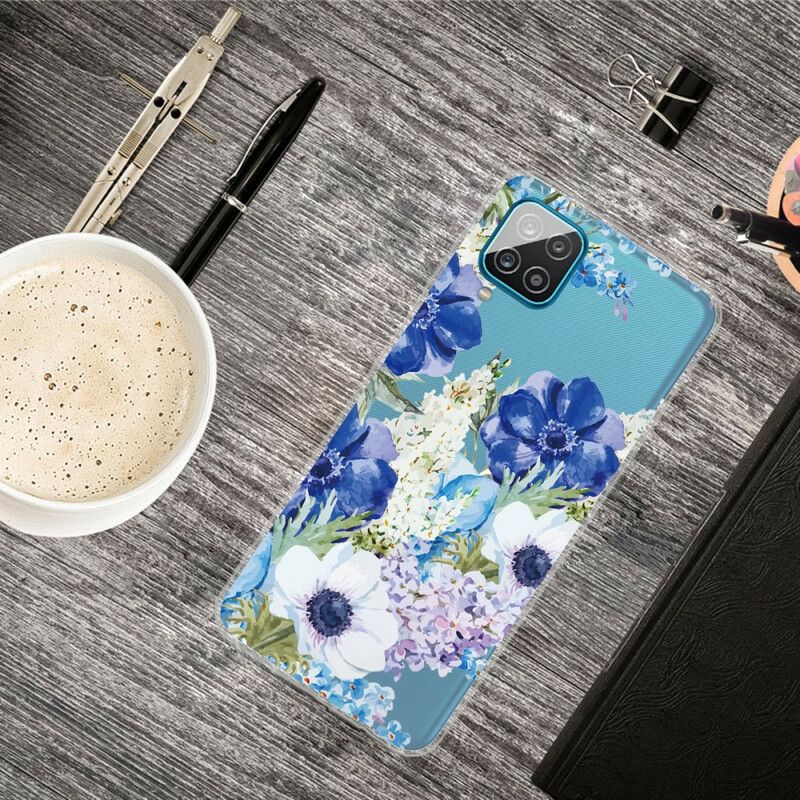 Cover Samsung Galaxy A12 / M12 Akvarel Blå Blomster Sømløs