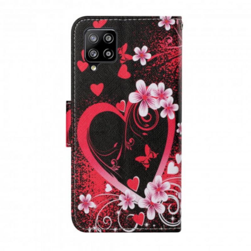 Flip Cover Samsung Galaxy A12 / M12 Blomster Og Hjerter Med Snor