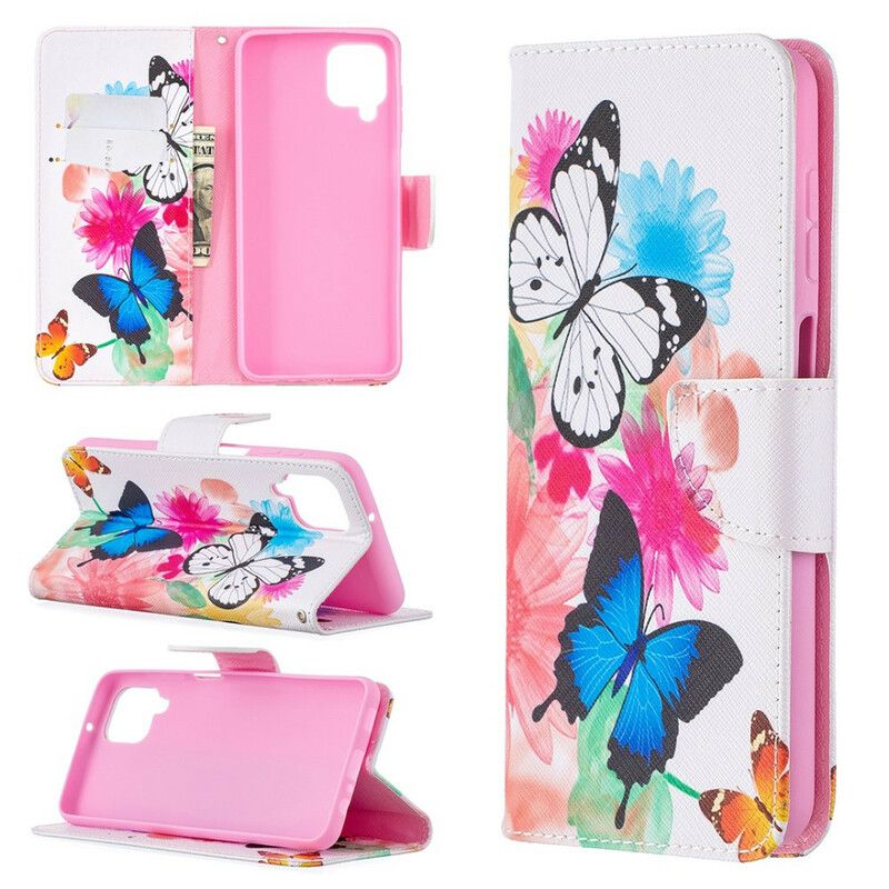 Flip Cover Samsung Galaxy A12 / M12 Malede Sommerfugle Og Blomster