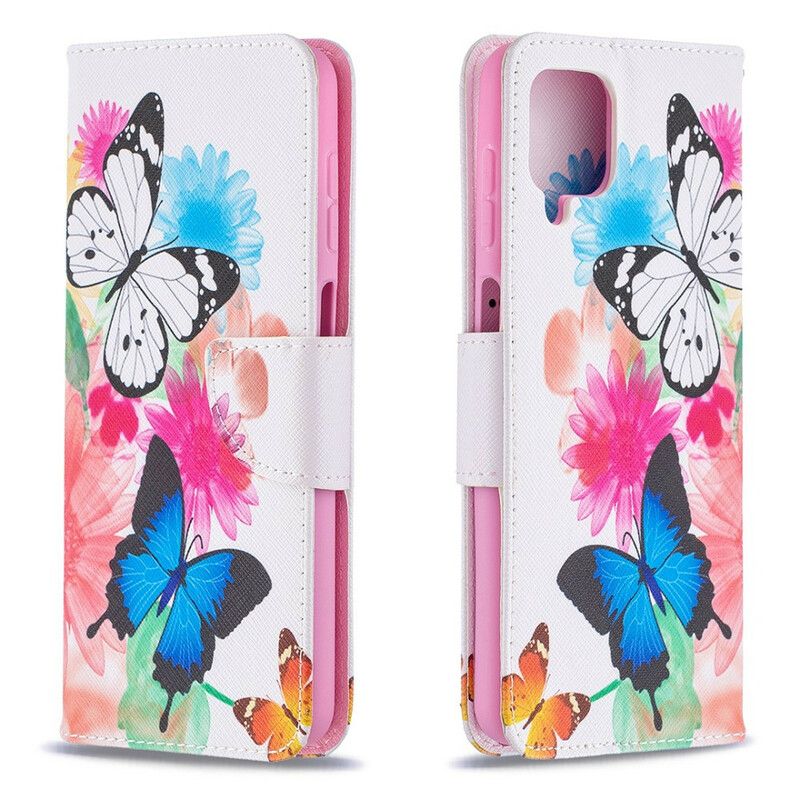 Flip Cover Samsung Galaxy A12 / M12 Malede Sommerfugle Og Blomster