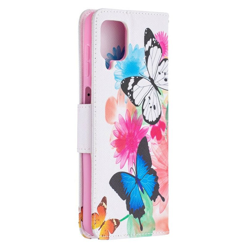 Flip Cover Samsung Galaxy A12 / M12 Malede Sommerfugle Og Blomster