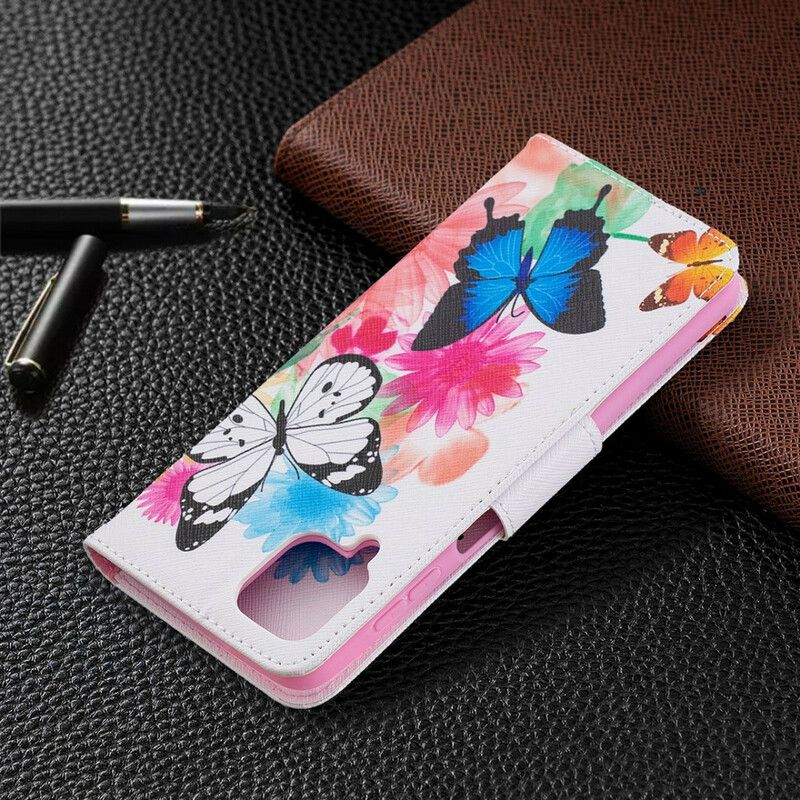 Flip Cover Samsung Galaxy A12 / M12 Malede Sommerfugle Og Blomster