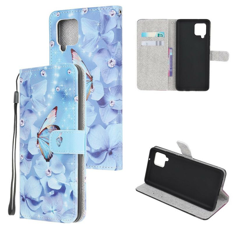 Flip Cover Samsung Galaxy A12 / M12 Med Snor Diamond Strappy Sommerfugle