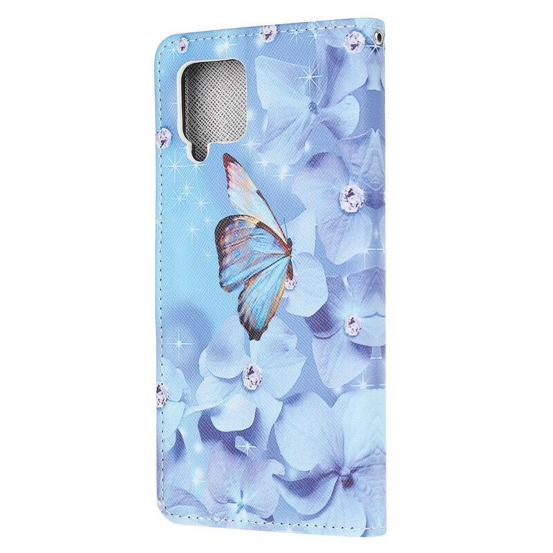 Flip Cover Samsung Galaxy A12 / M12 Med Snor Diamond Strappy Sommerfugle