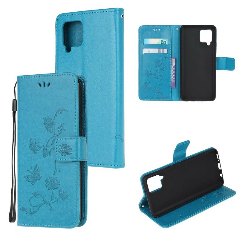 Flip Cover Samsung Galaxy A12 / M12 Med Snor Thong Sommerfugle Og Blomster