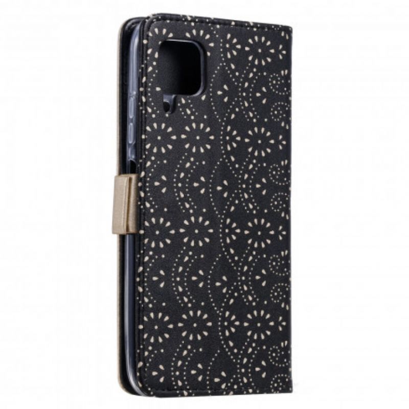 Læder Cover Samsung Galaxy A12 / M12 Med Snor Møntpung Med Blondebånd